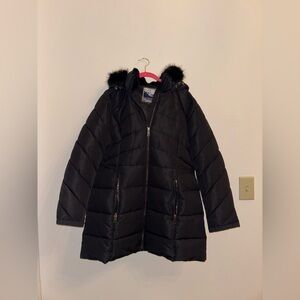 Women’s Halitech Black Long Puffer Coat with Faux Fur Hood and fur lined neck